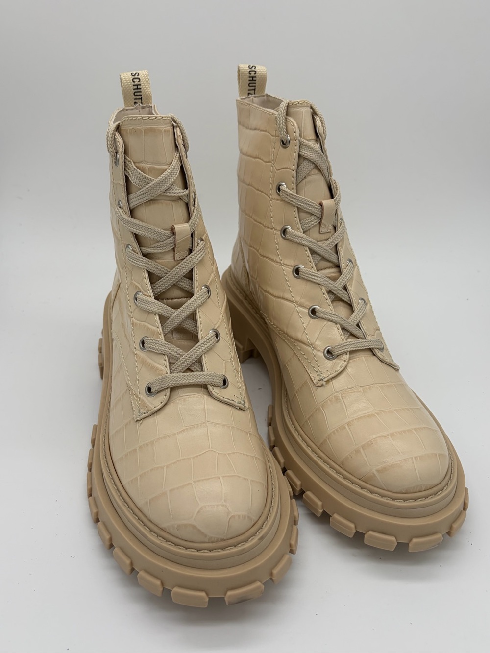 SCHUTZ Cream Croc-Embossed Lug Lace-Up Boots
